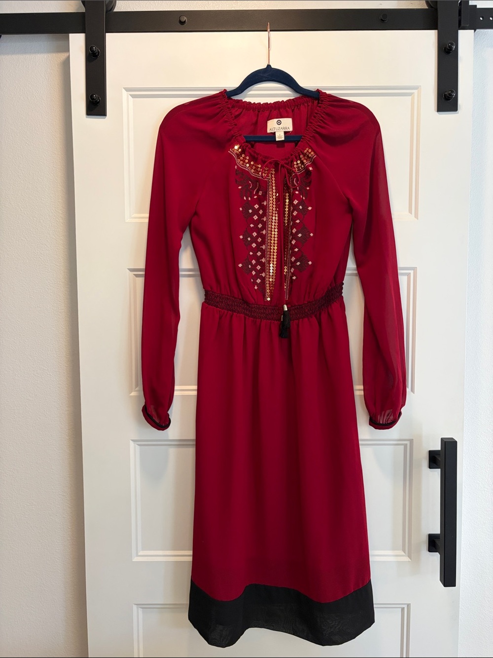 Anthropologie Garnet Red Embellished Long-Sleeve Midi Dress
